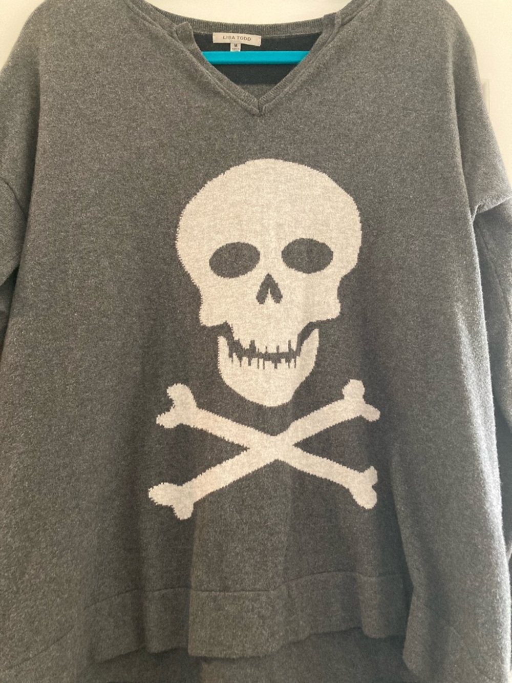 Lisa Todd Gray V-Neck Sweater with White Skull & Crossbones Med/L